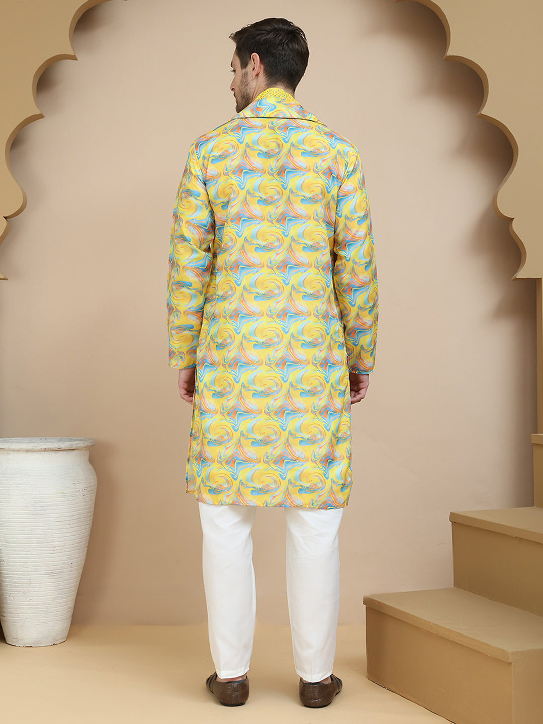 DesiQlo Men Printed Kurta Pyjama Set - Yellow - JOKP_D_5243Yellow_S