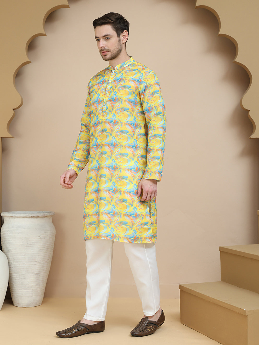 DesiQlo Men Printed Kurta Pyjama Set - Yellow - JOKP_D_5243Yellow_S