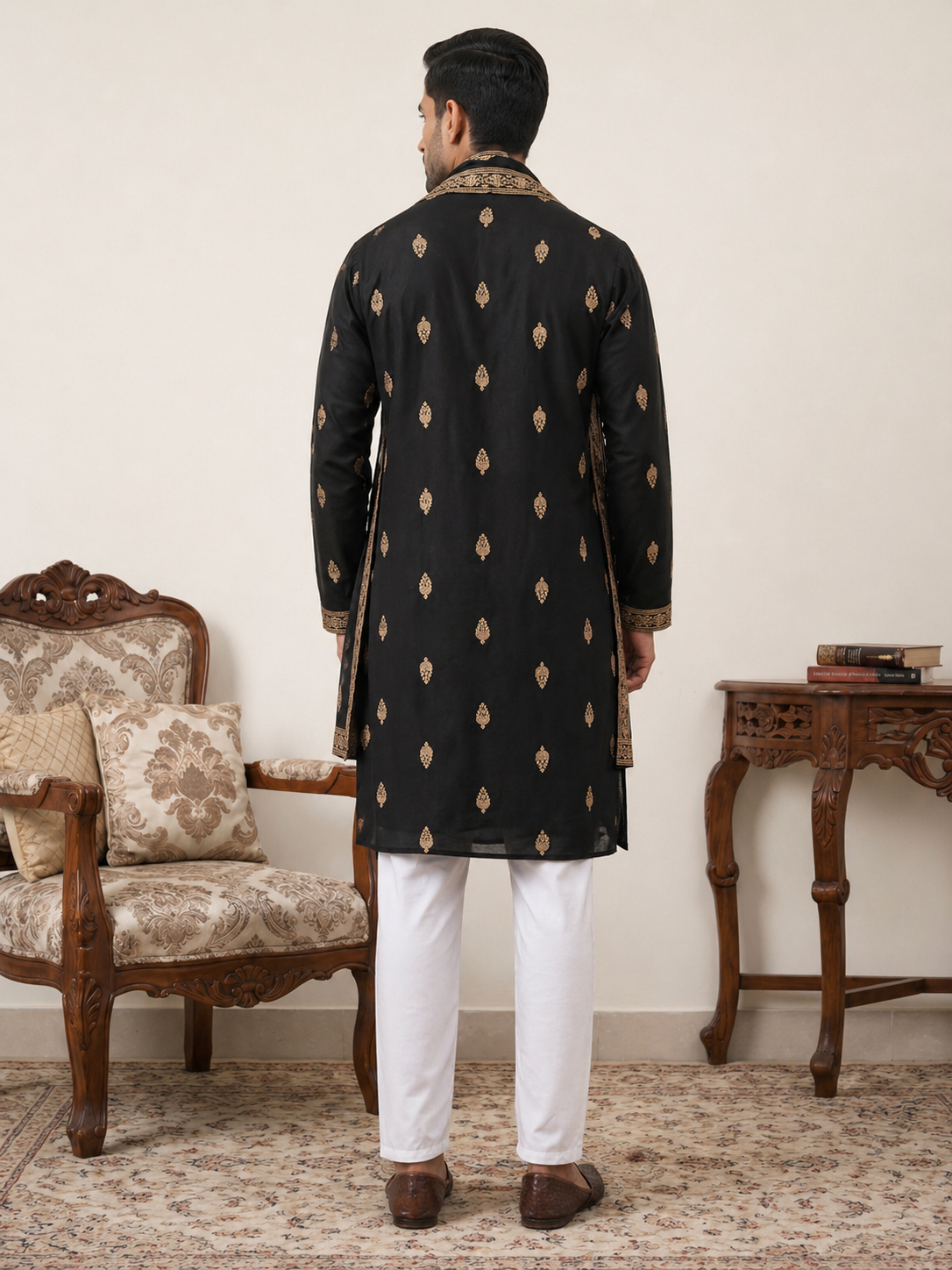DesiQlo Men Embroidered Kurta Pyjama Set - Black - JOKP_D_5319Black_S