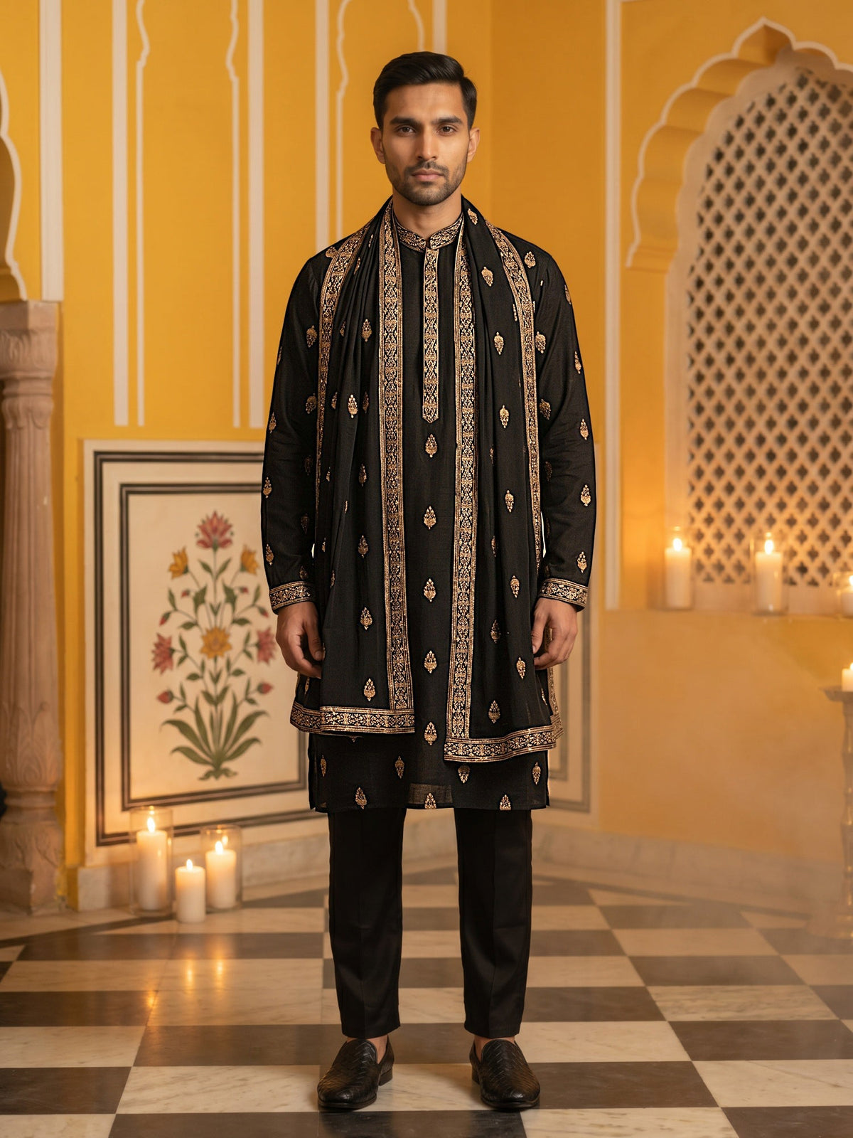 Silk Blend Embroidered Kurta Pyjama With Dupatta ( JOKP B-P D 5319Black )