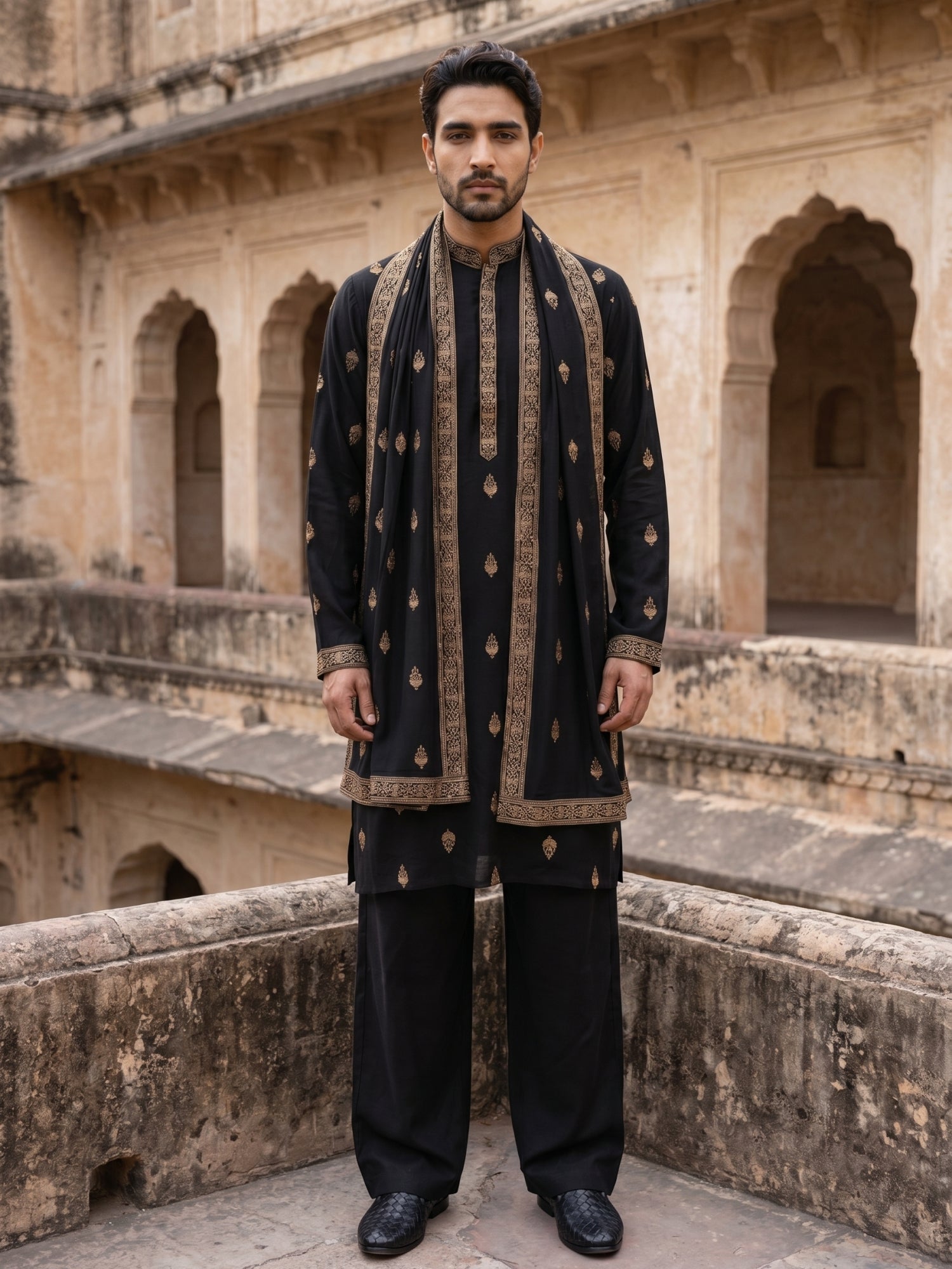 DesiQlo Men Embroidered Kurta Pyjama Set - Black - JOKP_PJ11B_D_5319Bl