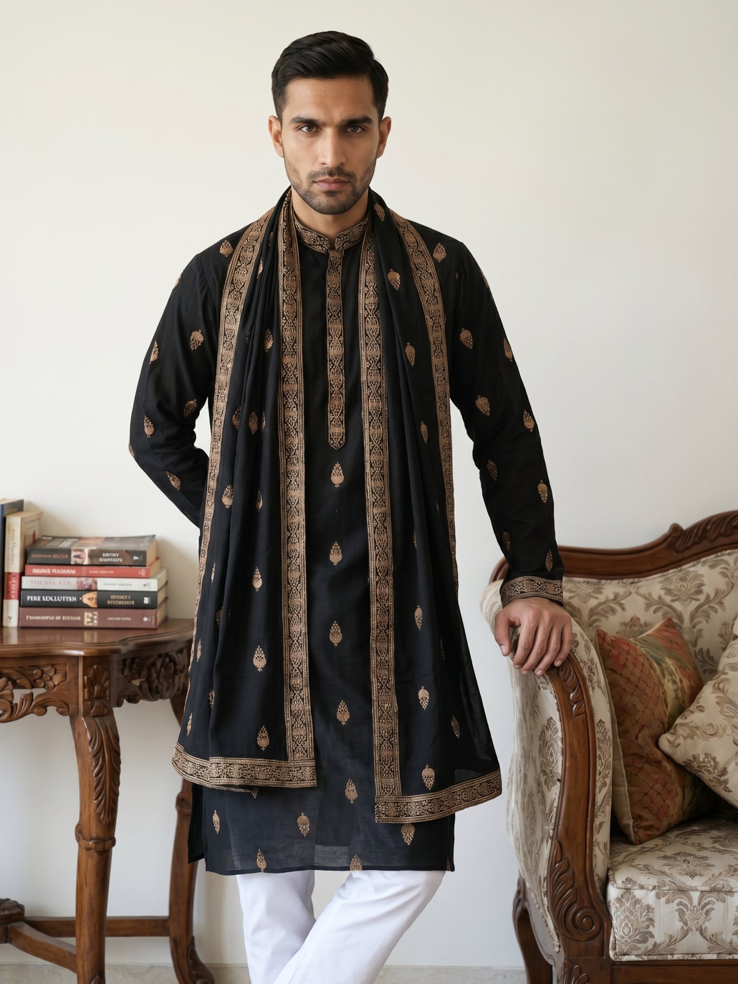 DesiQlo Men Embroidered Kurta Pyjama Set - Black - JOKP_D_5319Black_S