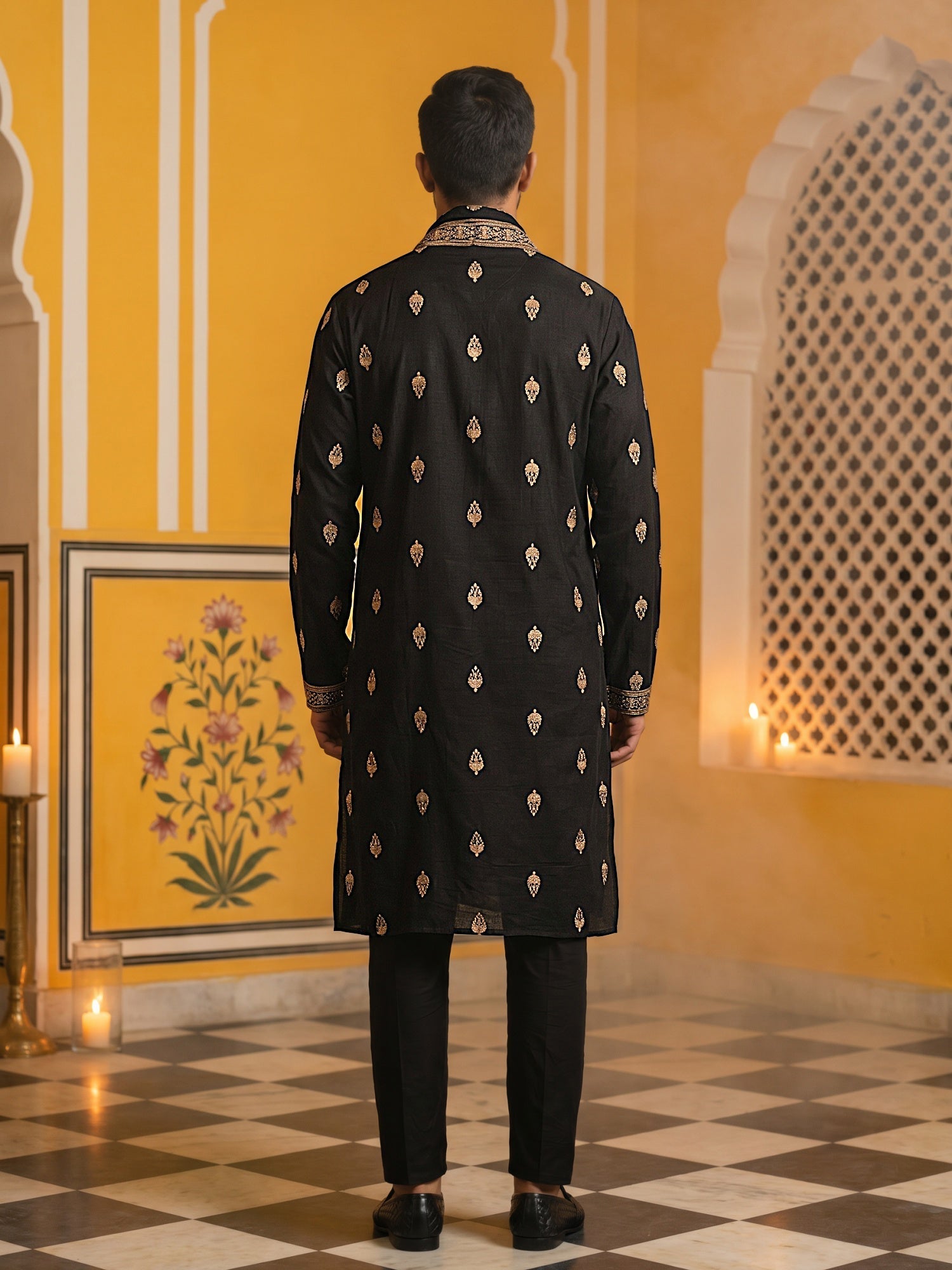 DesiQlo Men Embroidered Kurta Pyjama Set - Black - JOKP_B-P_D_5319Blac