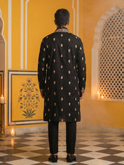 Silk Blend Embroidered Kurta Pyjama With Dupatta ( JOKP B-P D 5319Black )