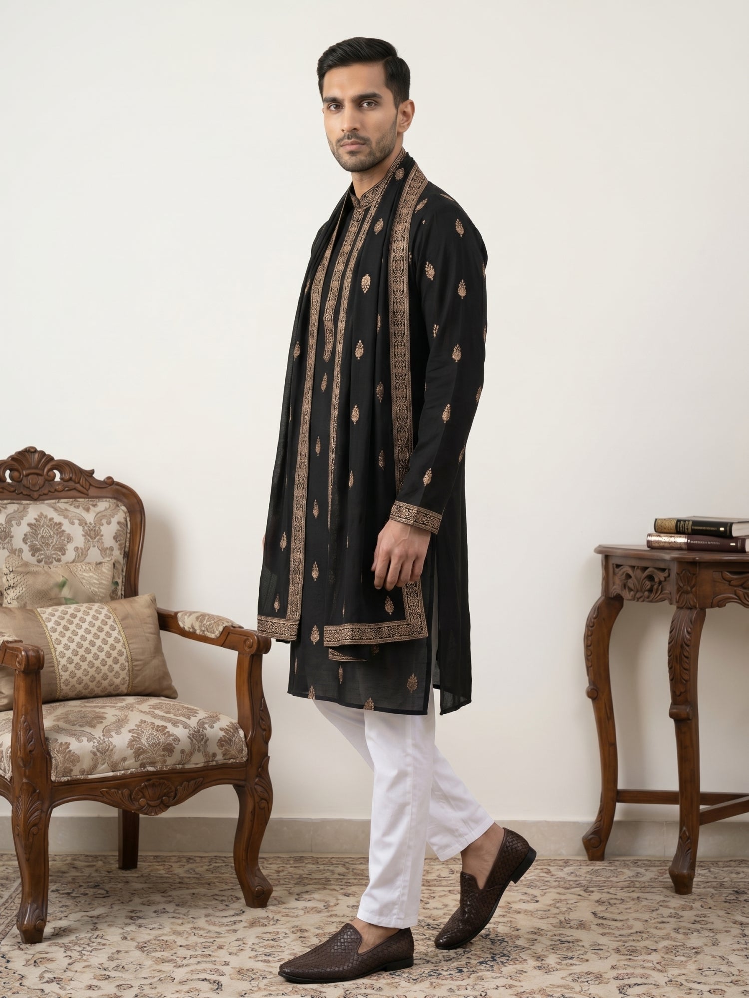 DesiQlo Men Embroidered Kurta Pyjama Set - Black - JOKP_D_5319Black_S