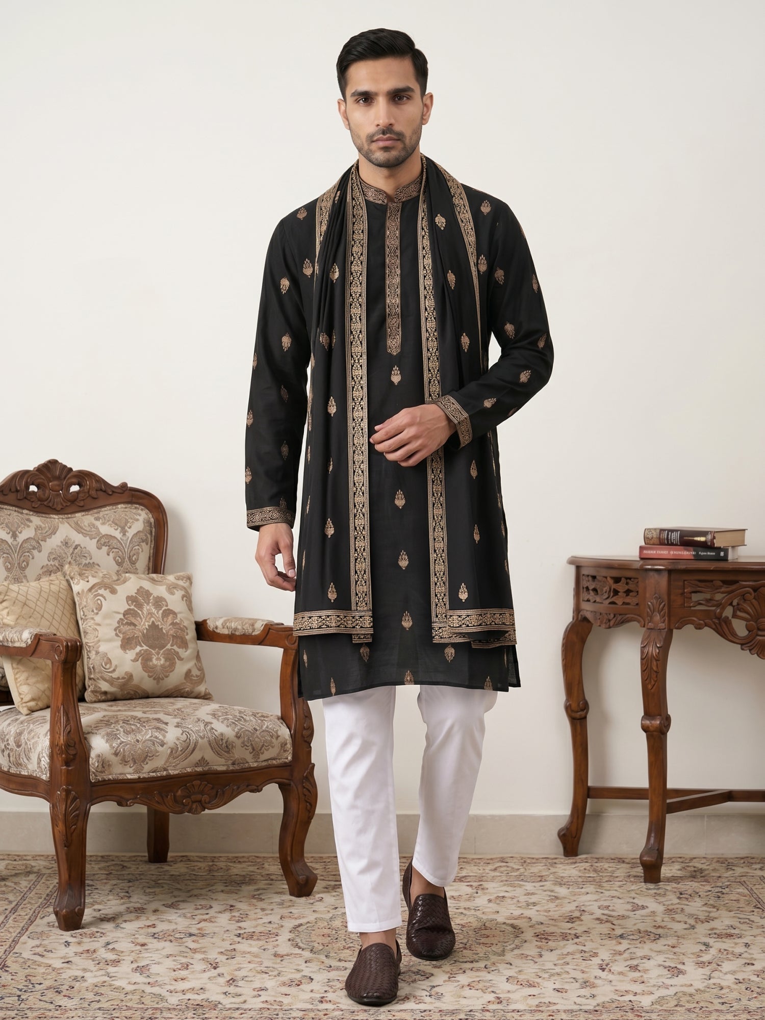 DesiQlo Men Embroidered Kurta Pyjama Set - Black - JOKP_D_5319Black_S