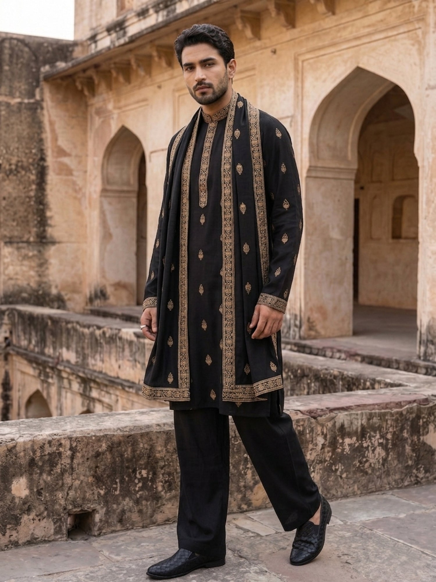 DesiQlo Men Embroidered Kurta Pyjama Set - Black - JOKP_PJ11B_D_5319Bl
