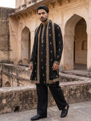 Silk Blend Embroidered Kurta Pyjama Set ( JOKP PJ11B D 5319Black )