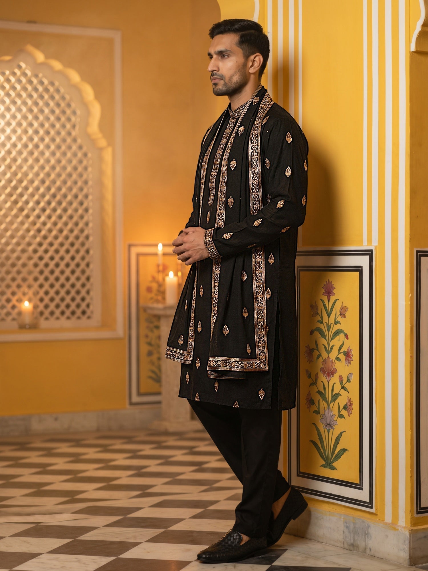 DesiQlo Men Embroidered Kurta Pyjama Set - Black - JOKP_B-P_D_5319Blac