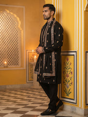 Silk Blend Embroidered Kurta Pyjama With Dupatta ( JOKP B-P D 5319Black )