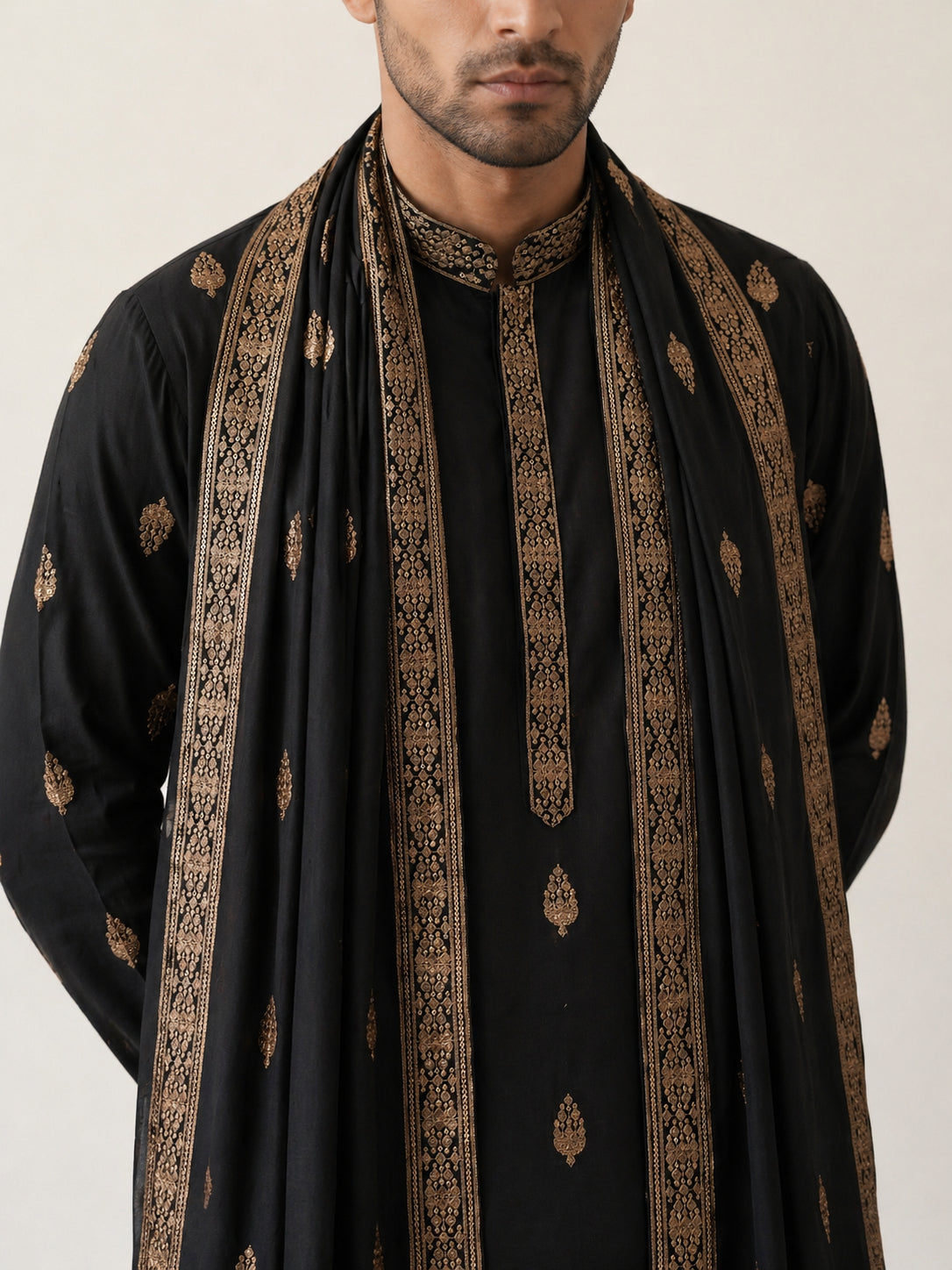 DesiQlo Men Embroidered Kurta Pyjama Set - Black - JOKP_D_5319Black_S