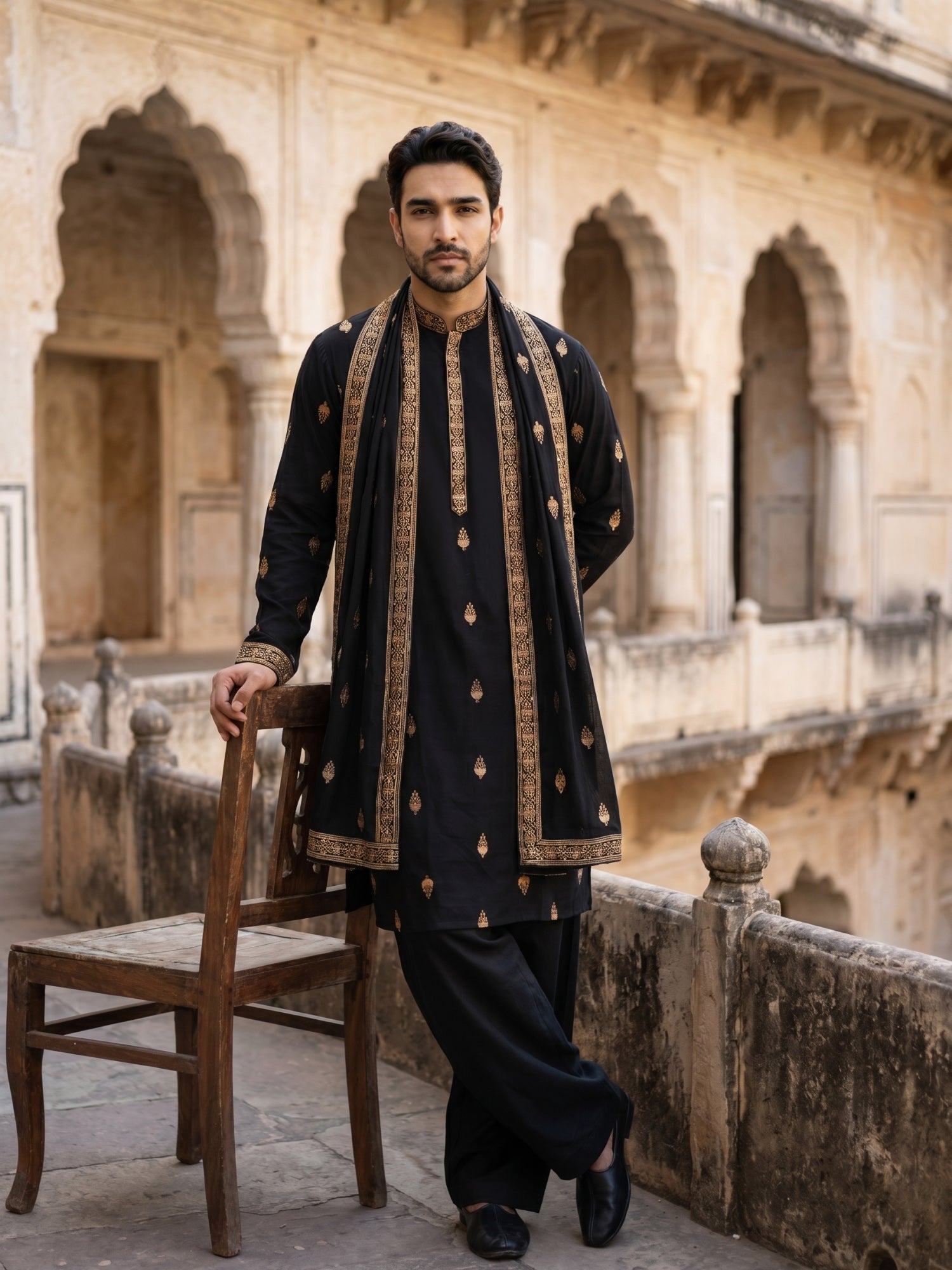 DesiQlo Men Embroidered Kurta Pyjama Set - Black - JOKP_PJ11B_D_5319Bl