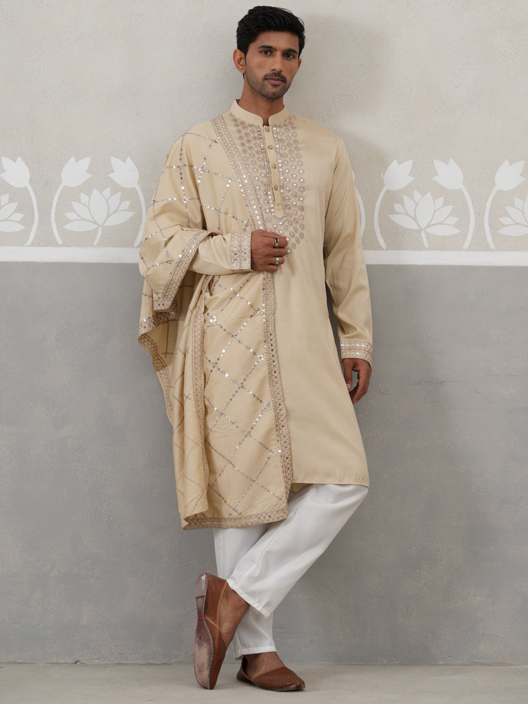 DesiQlo Men Embroidered Kurta Pyjama Set - Beige - JOKP_P_D_5320Beige_