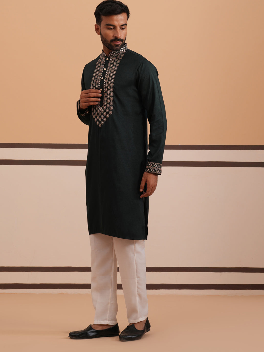 DesiQlo Men Embroidered Kurta Pyjama Set - Green - JOKP_P_D_5320Olive_