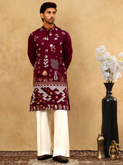 Silk Blend Floral Embroidered Kurta Pyjama Set ( JOKP PJ11W 5140Wine )