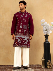 Silk Blend Floral Embroidered Kurta Pyjama Set ( JOKP PJ11W 5140Wine )