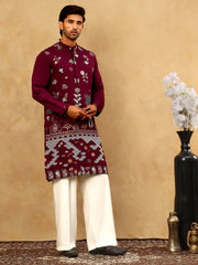 Silk Blend Floral Embroidered Kurta Pyjama Set ( JOKP PJ11W 5140Wine )