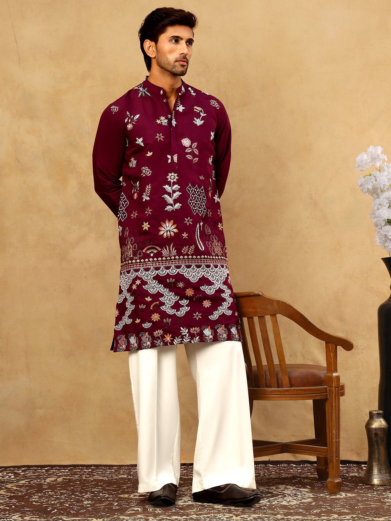 DesiQlo Men Embroidered Kurta Pyjama Set - Maroon - JOKP_PJ11W_5140Win