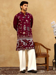 Silk Blend Floral Embroidered Kurta Pyjama Set ( JOKP PJ11W 5140Wine )