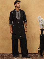 Men’s Silk Blend Embroidered Kurta Pyjama Set ( JOKP PJ11B 5046Black )