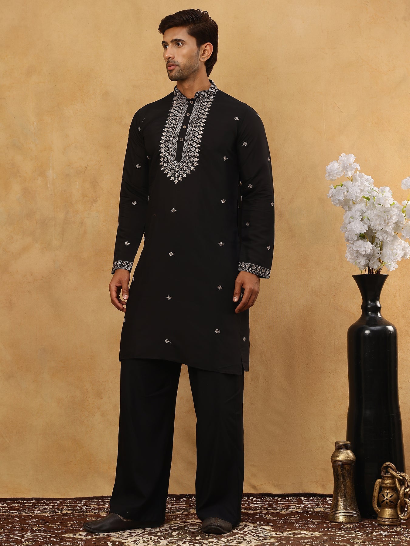 DesiQlo Men Embroidered Kurta Pyjama Set - Black - JOKP_PJ11B_5046Blac
