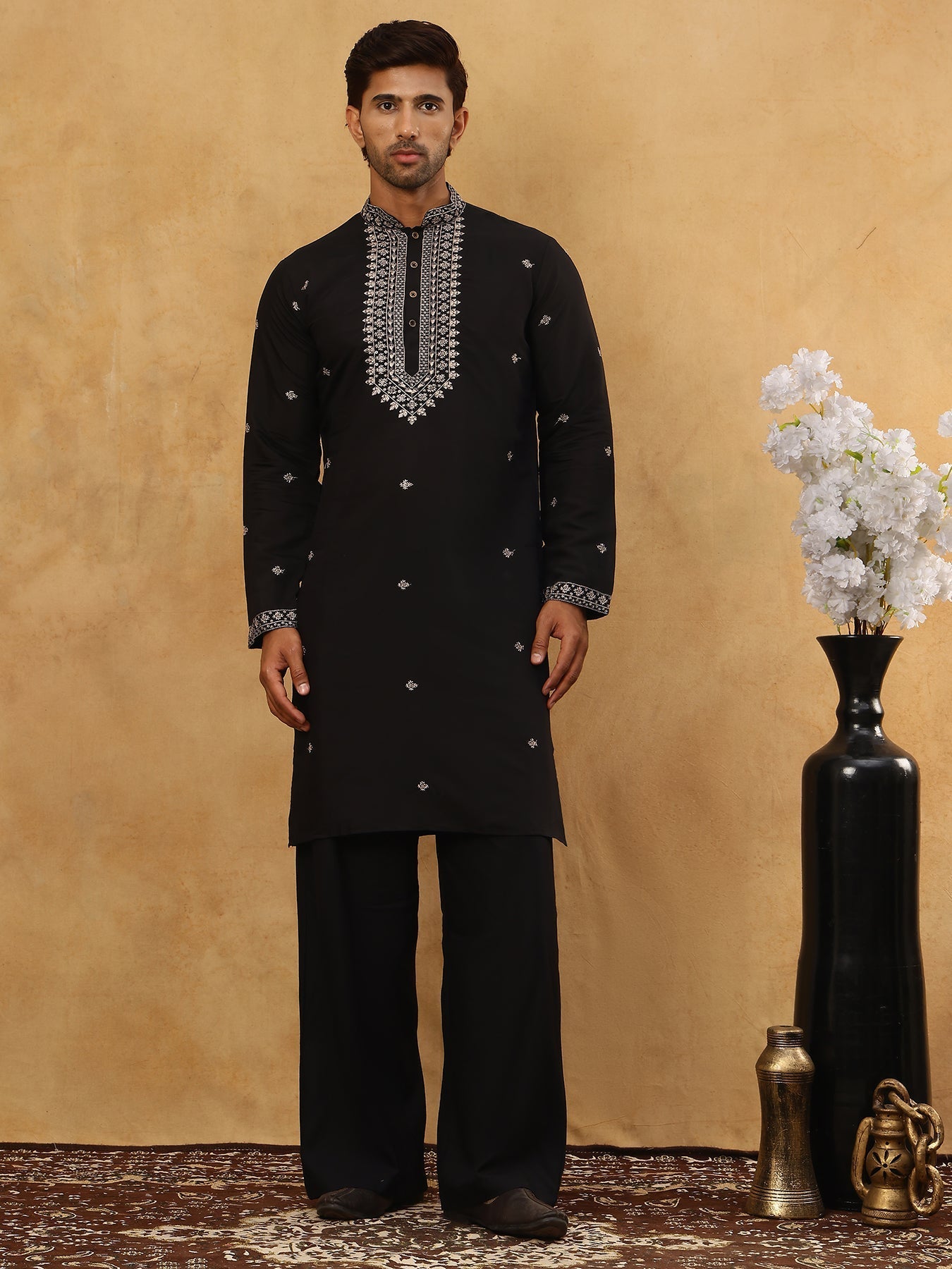 DesiQlo Men Embroidered Kurta Pyjama Set - Black - JOKP_PJ11B_5046Blac