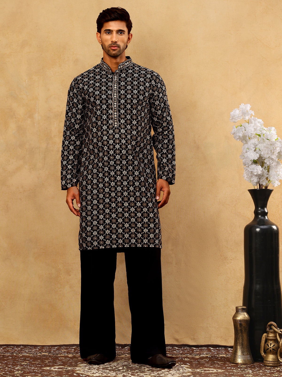 Viscose Rayon Embroidered Sequin Kurta Pyjama ( JOKP PJ11B 5127Black )
