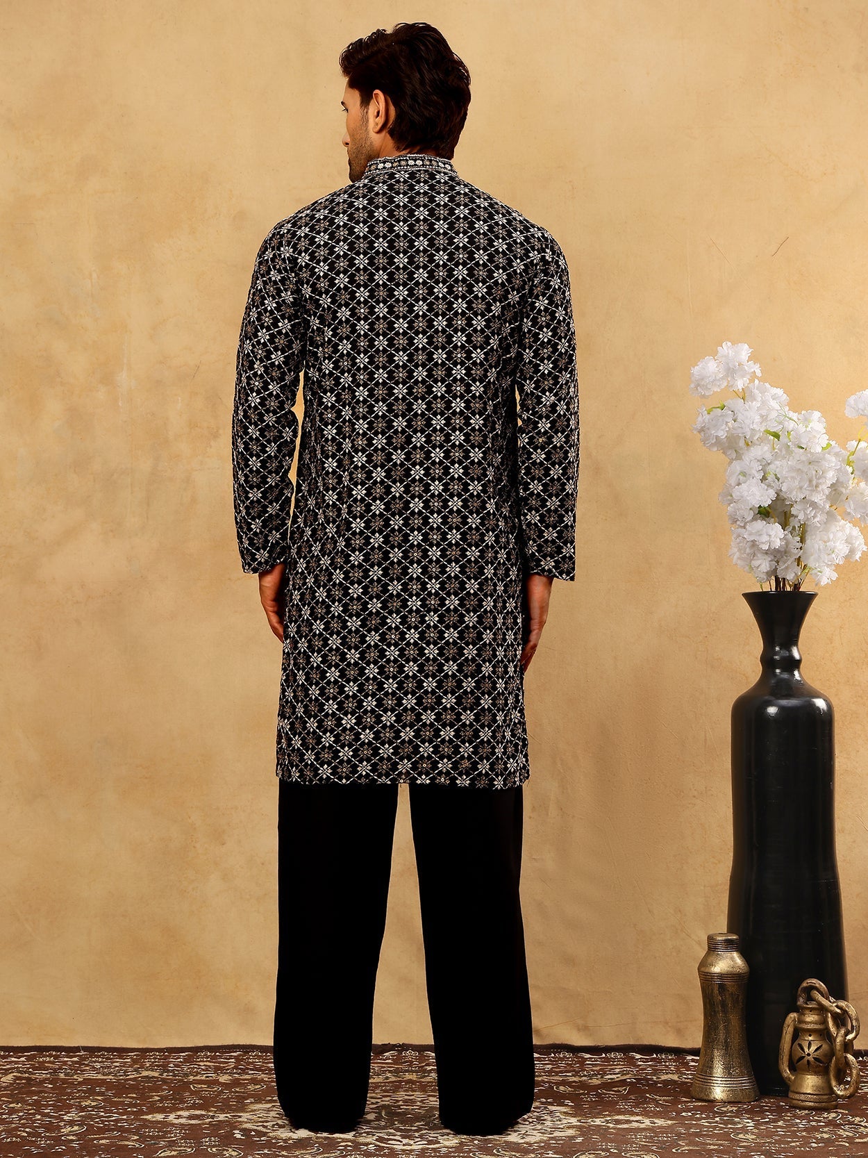 DesiQlo Men Embroidered Kurta Pyjama Set - Black - JOKP_PJ11B_5127Blac