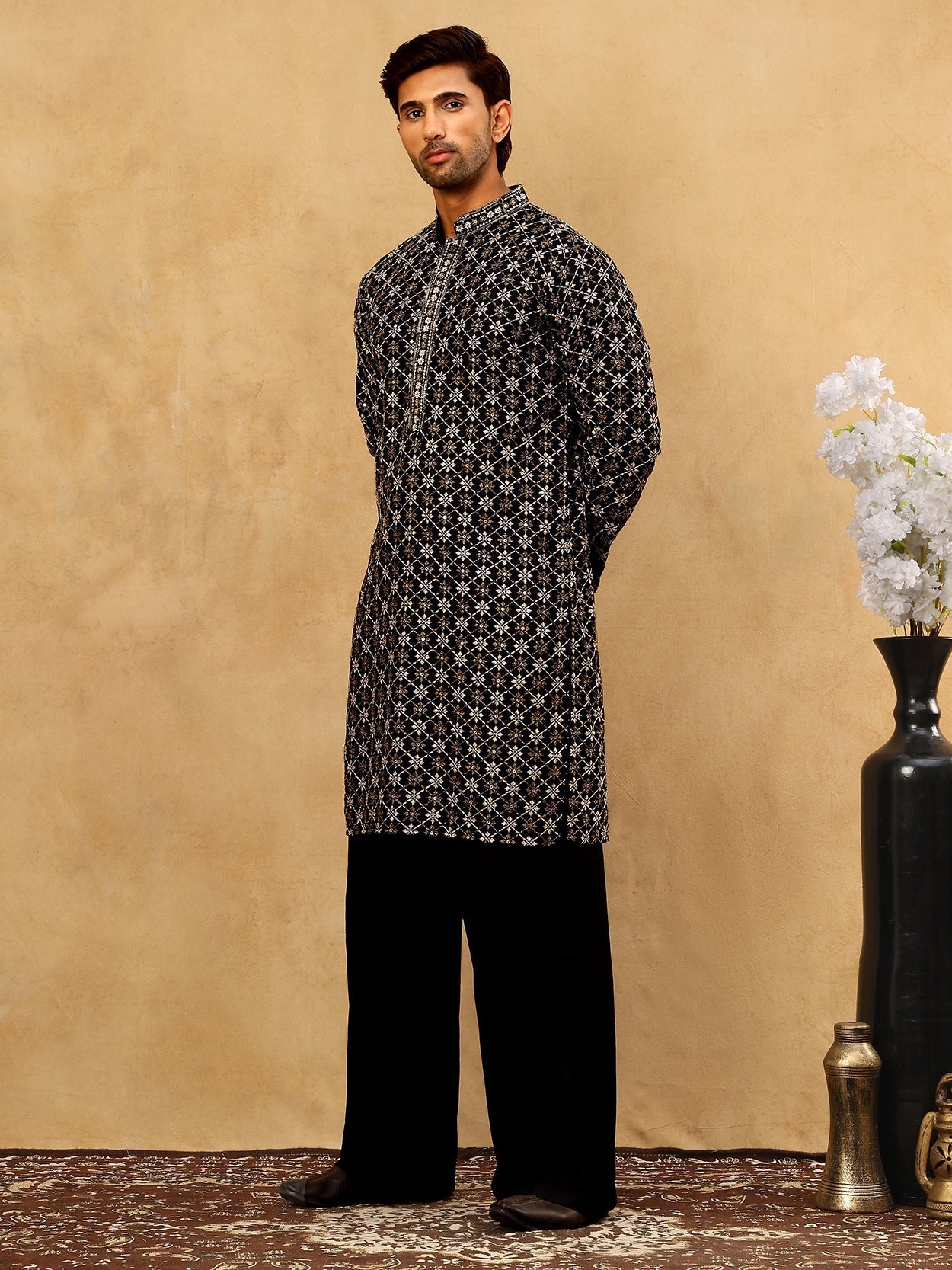 DesiQlo Men Embroidered Kurta Pyjama Set - Black - JOKP_PJ11B_5127Blac