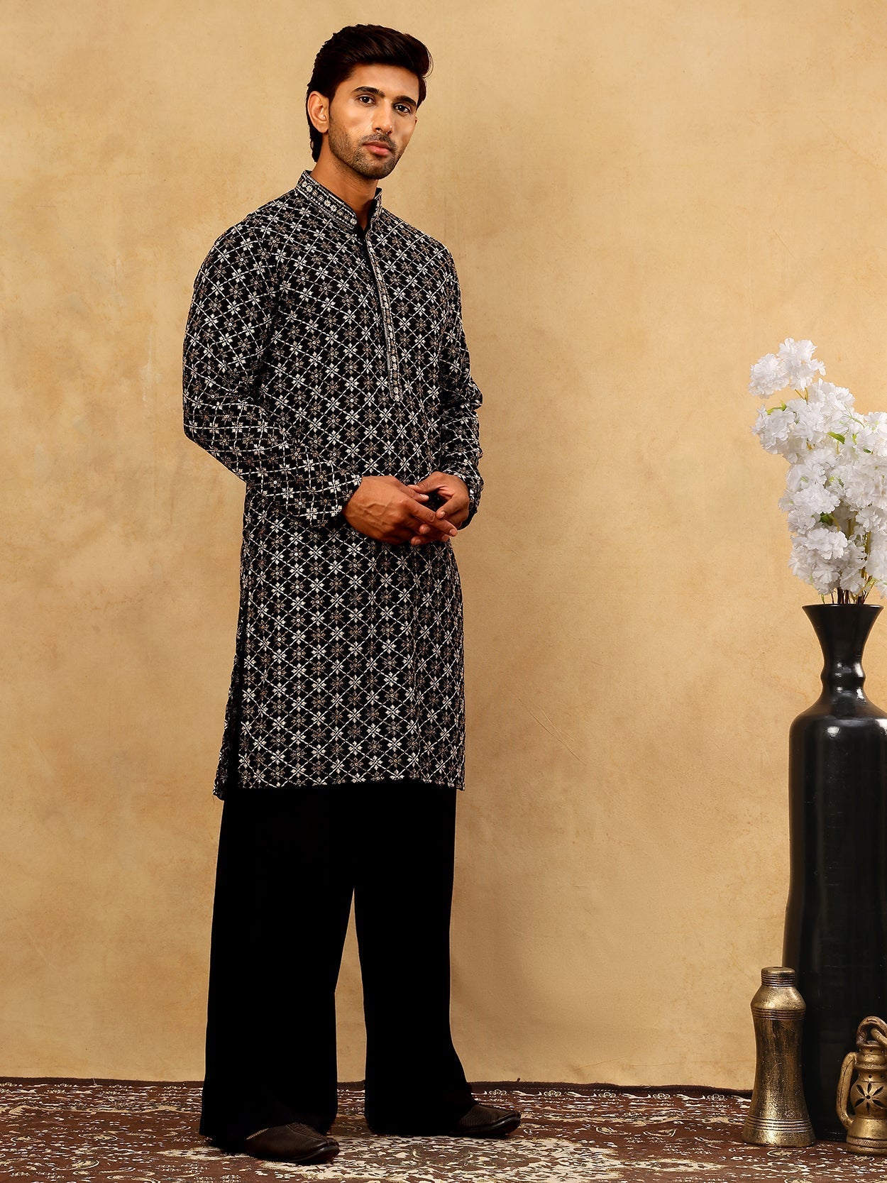 DesiQlo Men Embroidered Kurta Pyjama Set - Black - JOKP_PJ11B_5127Blac