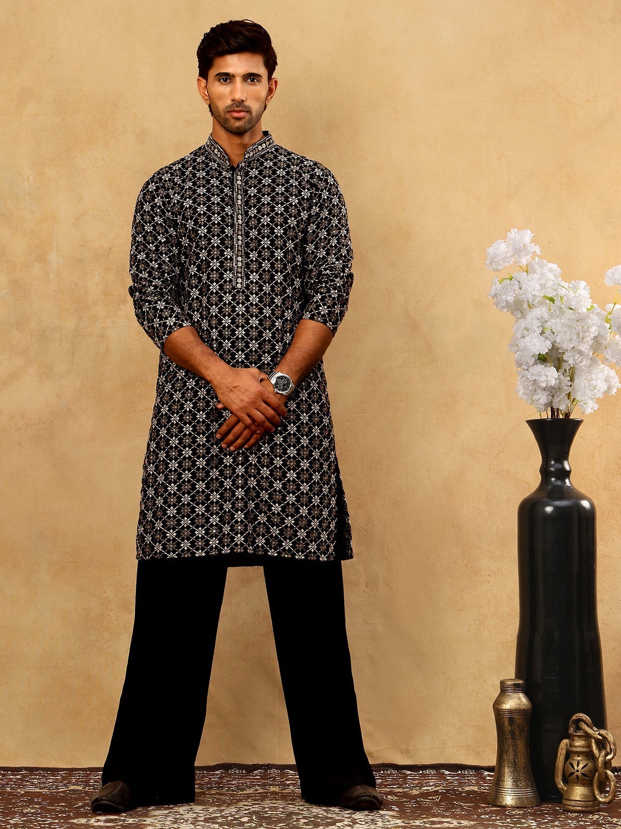 DesiQlo Men Embroidered Kurta Pyjama Set - Black - JOKP_PJ11B_5127Blac