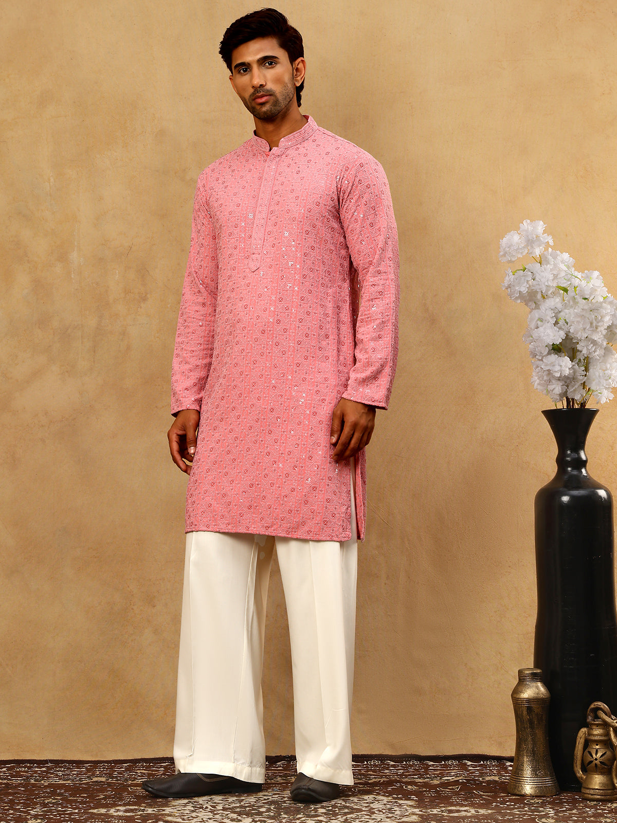 DesiQlo Men Embroidered Kurta Pyjama Set - Orange - JOKP_PJ11W_5006Cor
