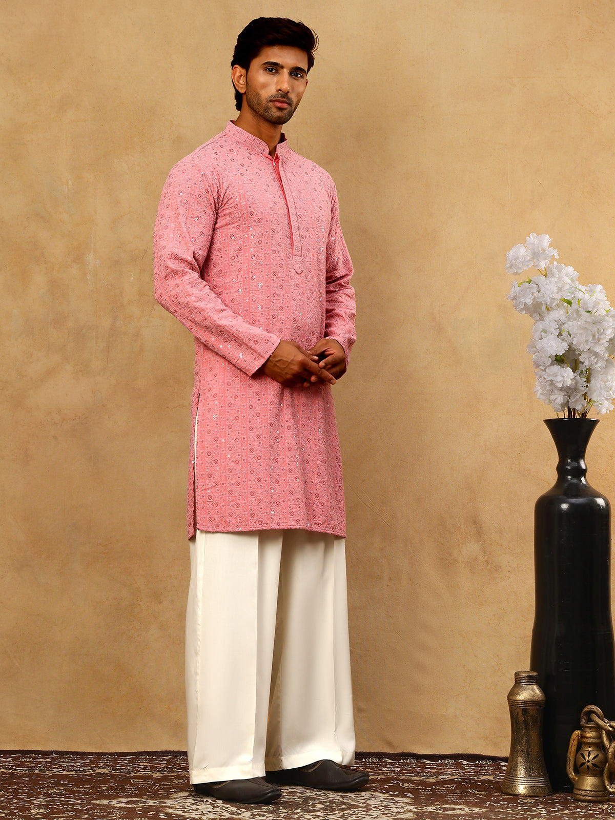 DesiQlo Men Embroidered Kurta Pyjama Set - Orange - JOKP_PJ11W_5006Cor