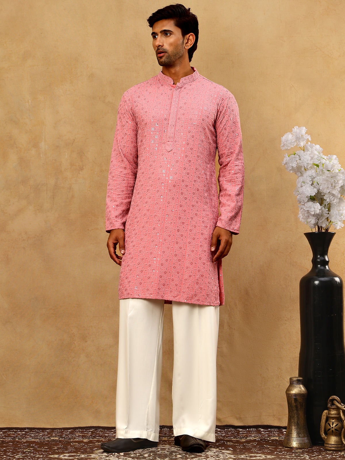DesiQlo Men Embroidered Kurta Pyjama Set - Orange - JOKP_PJ11W_5006Cor