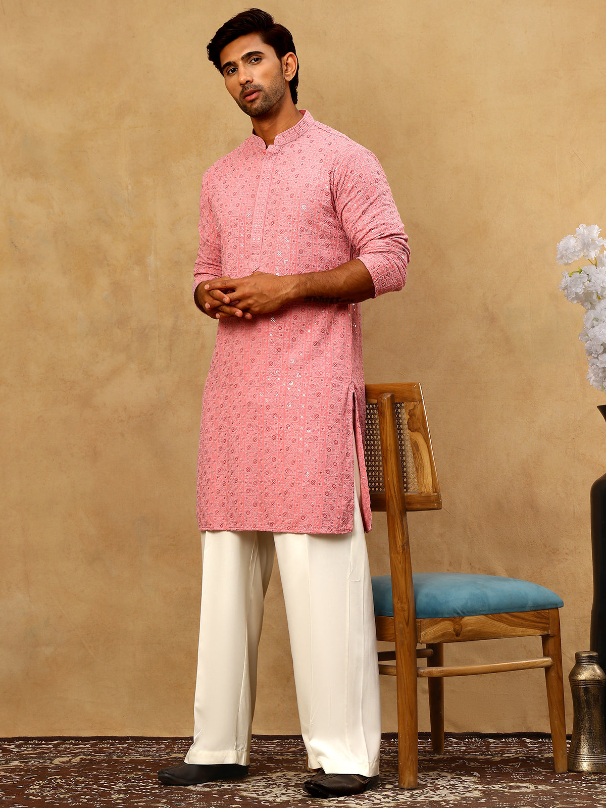 DesiQlo Men Embroidered Kurta Pyjama Set - Orange - JOKP_PJ11W_5006Cor
