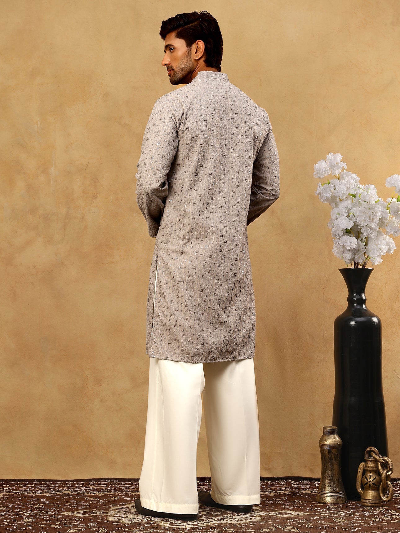 DesiQlo Men Embroidered Kurta Pyjama Set - Grey - JOKP_PJ11W_5006Grey_