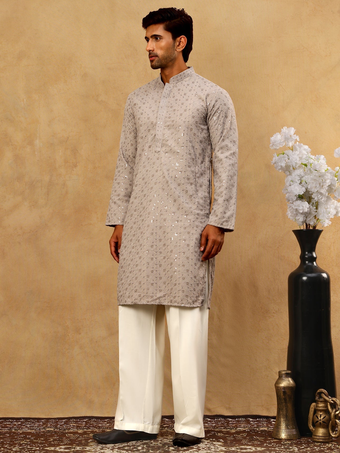 DesiQlo Men Embroidered Kurta Pyjama Set - Grey - JOKP_PJ11W_5006Grey_