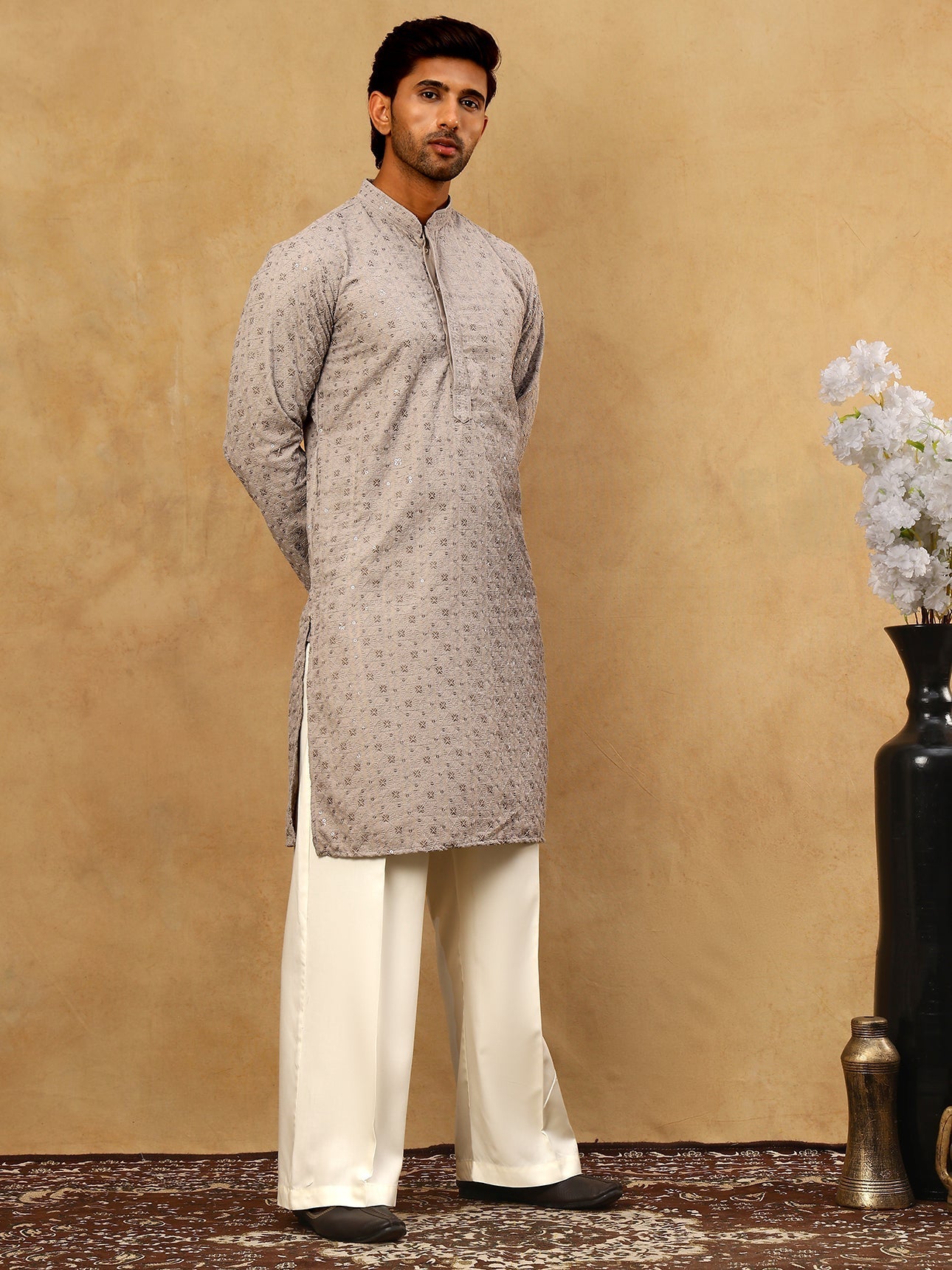 DesiQlo Men Embroidered Kurta Pyjama Set - Grey - JOKP_PJ11W_5006Grey_