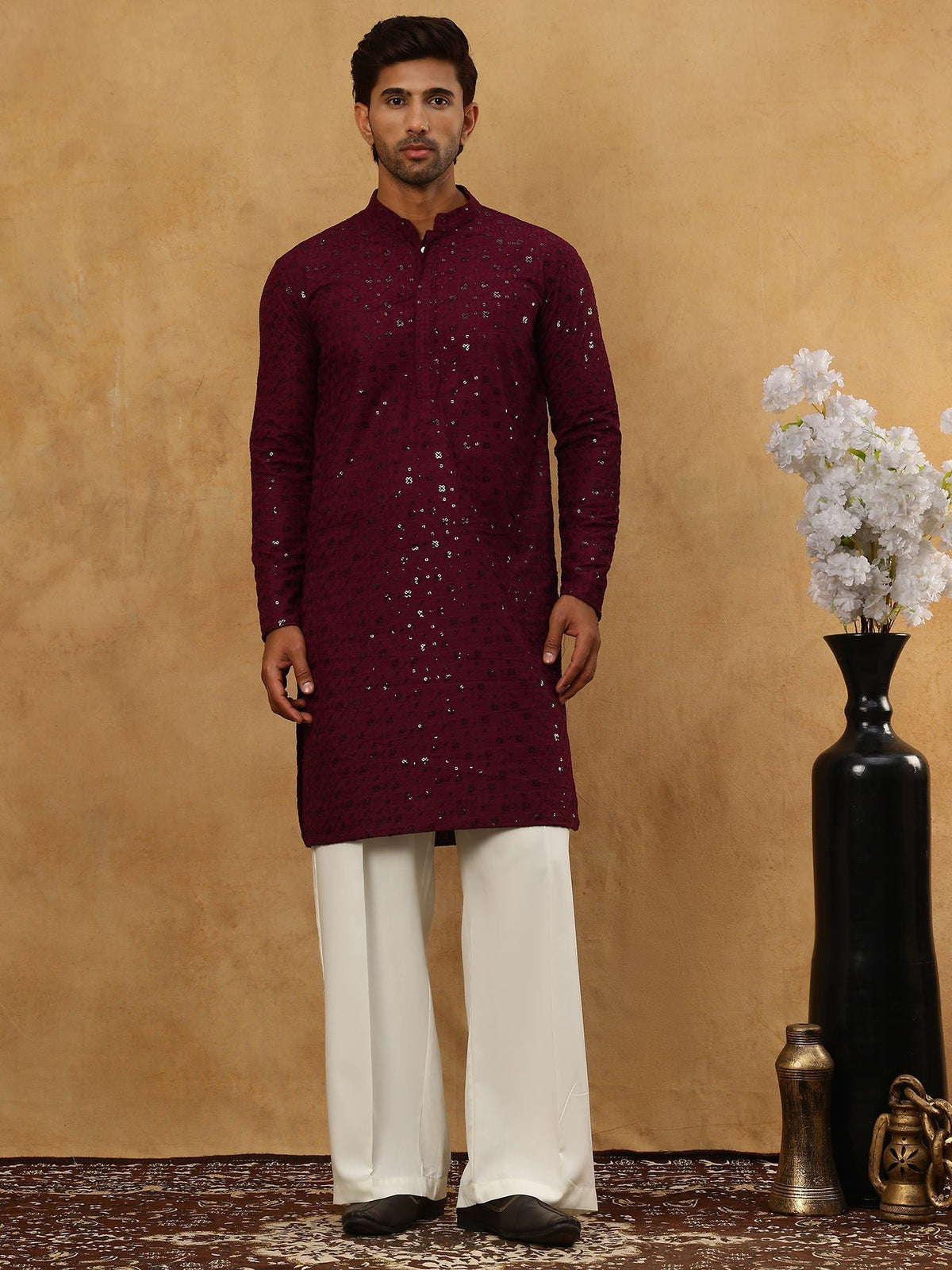 Men’s Cotton Chikankari Sequins Kurta Set ( JOKP PJ11W 5006Purple )