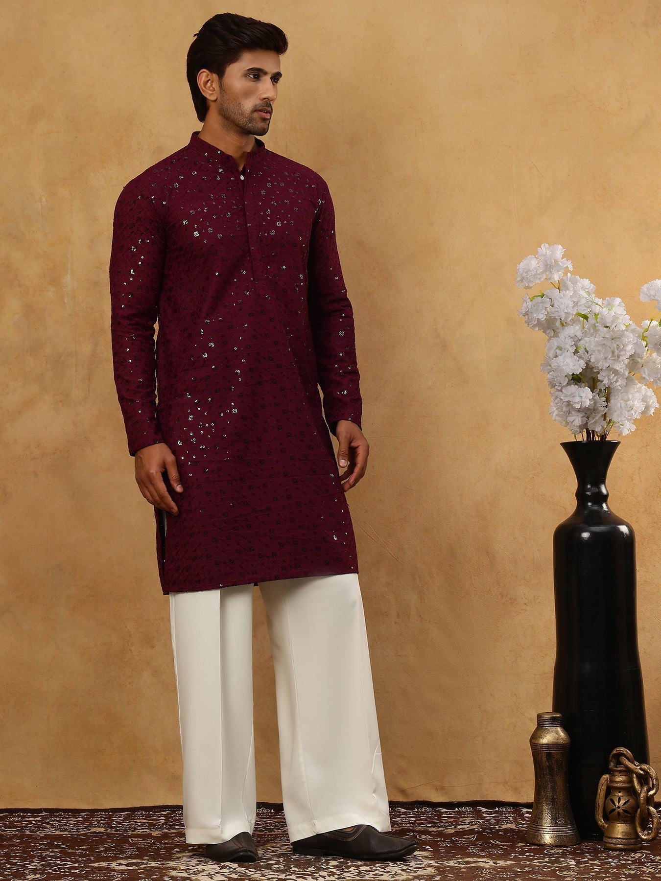 DesiQlo Men Embroidered Kurta Pyjama Set - Purple - JOKP_PJ11W_5006Pur