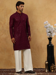 Men’s Cotton Chikankari Sequins Kurta Set ( JOKP PJ11W 5006Purple )