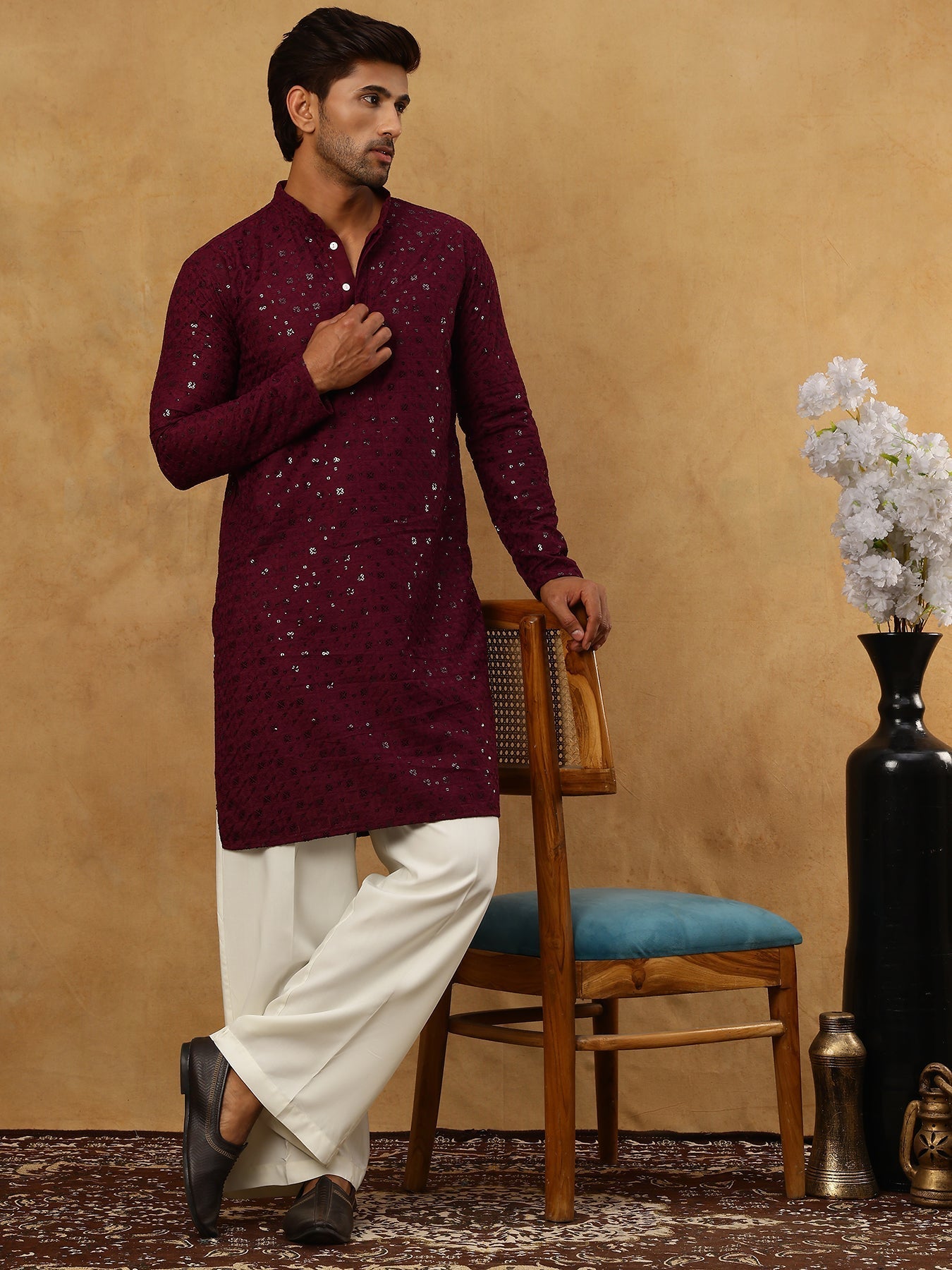 DesiQlo Men Embroidered Kurta Pyjama Set - Purple - JOKP_PJ11W_5006Pur