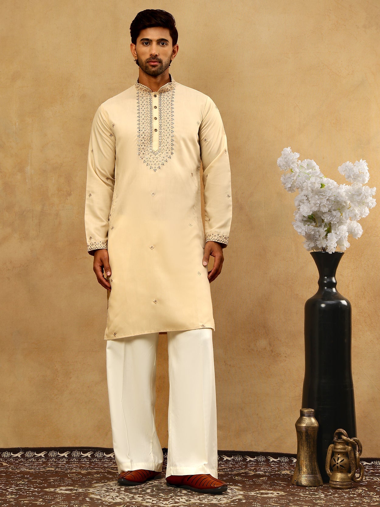 DesiQlo Men Embroidered Kurta Pyjama Set - Beige - JOKP_PJ11W_5046Crea