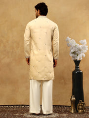 Men’s Silk Blend Embroidered Kurta Pyjama Set ( JOKP PJ11W 5046Cream )