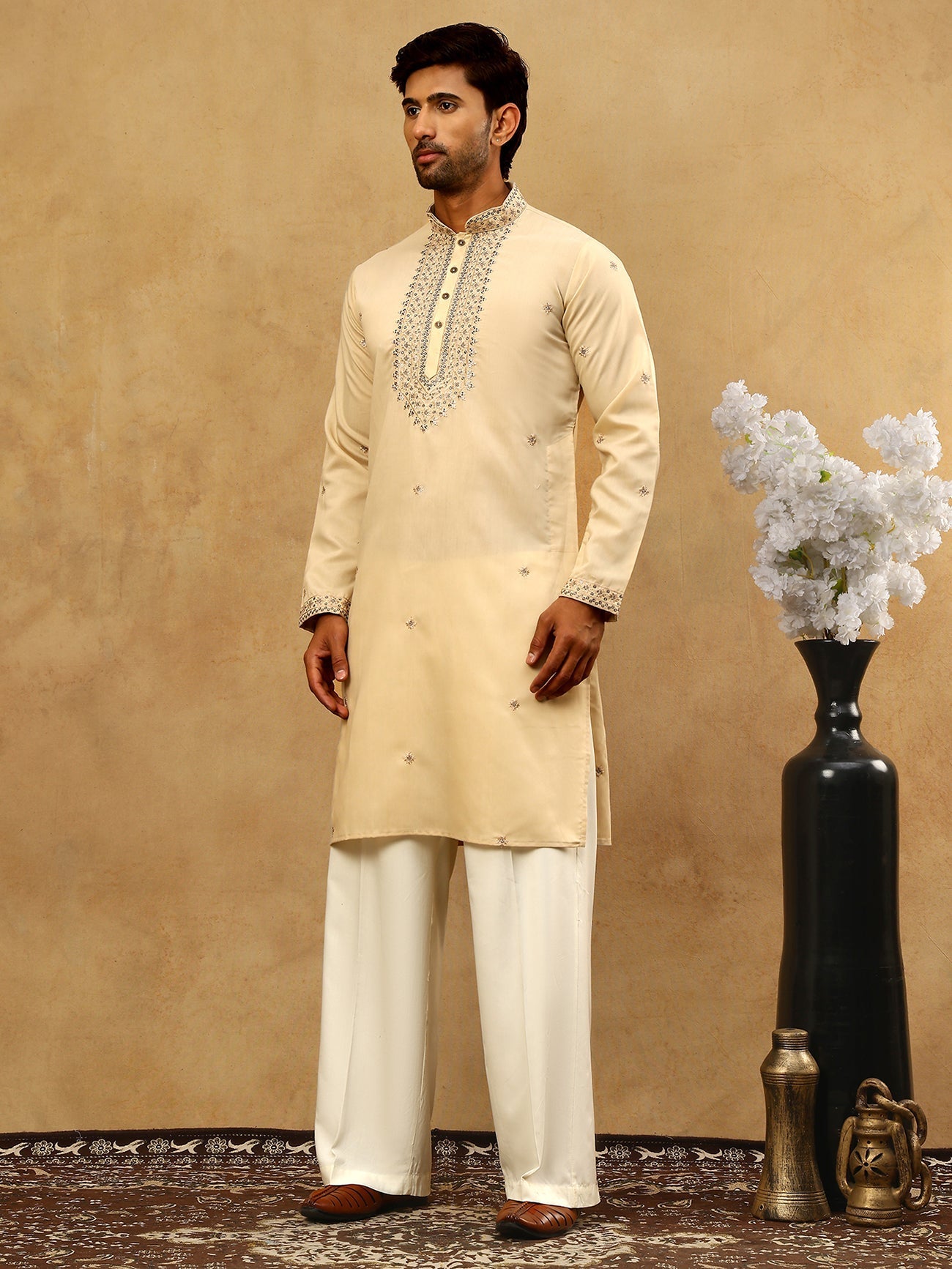DesiQlo Men Embroidered Kurta Pyjama Set - Beige - JOKP_PJ11W_5046Crea