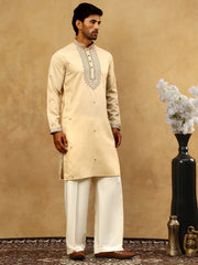 Men’s Silk Blend Embroidered Kurta Pyjama Set ( JOKP PJ11W 5046Cream )