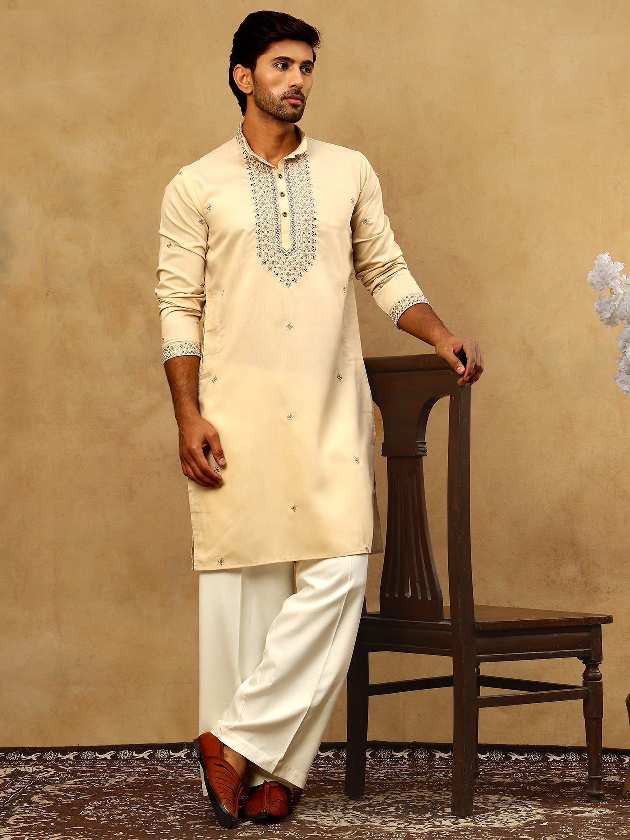 DesiQlo Men Embroidered Kurta Pyjama Set - Beige - JOKP_PJ11W_5046Crea