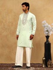 Men’s Silk Blend Embroidered Kurta Pyjama Set ( JOKP PJ11W 5046Pista )