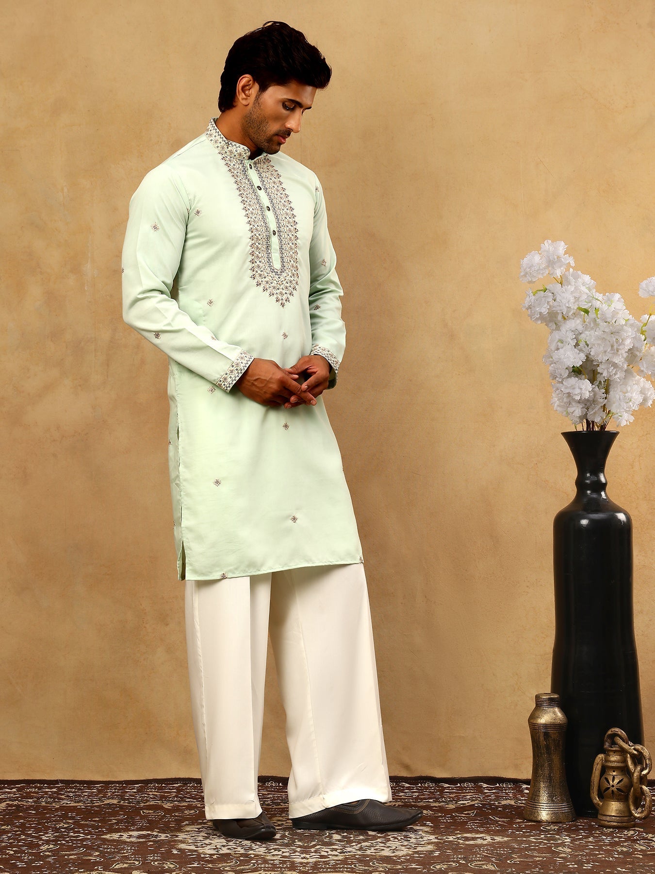 DesiQlo Men Embroidered Kurta Pyjama Set - Green - JOKP_PJ11W_5046Pist