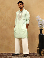 Men’s Silk Blend Embroidered Kurta Pyjama Set ( JOKP PJ11W 5046Pista )
